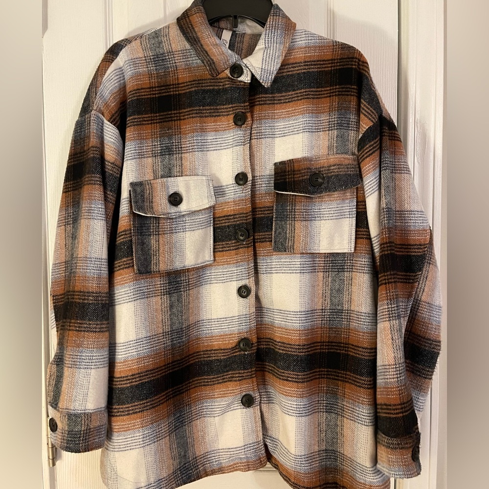 Elan plaid shacket (shirt jacket) - black, blue, brown, white